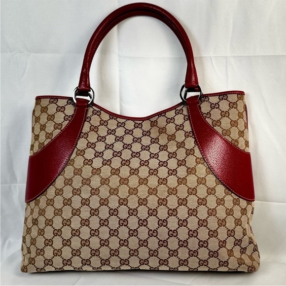 GUCCI VINTAGE GG Monogram Plus Tote Bag W/ Red/Green Web  Gucci vintage Red and Brown Monogram Tote Bag